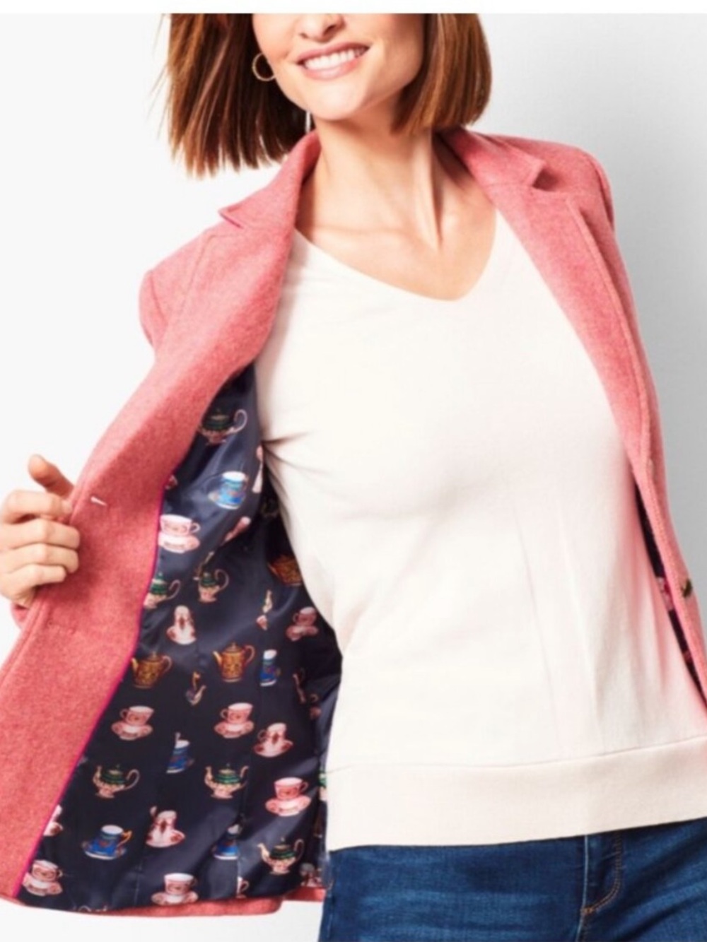 Talbots Aberdeen Wool Blend Two Button Blazer Pink Herringbone Teacup Lining 2